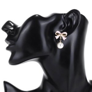 Elegant Prom Pink Bow Pearl Earrings for Women