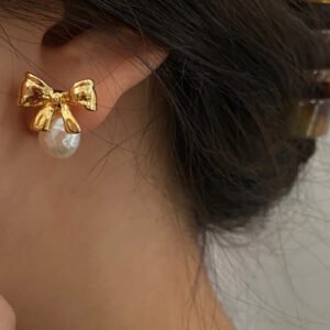 French Vintage 14K Gold Bow Earrings with Pearl Drop