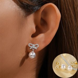 Gold Bow Earrings Pearl for Women with Zircon Geometric Design