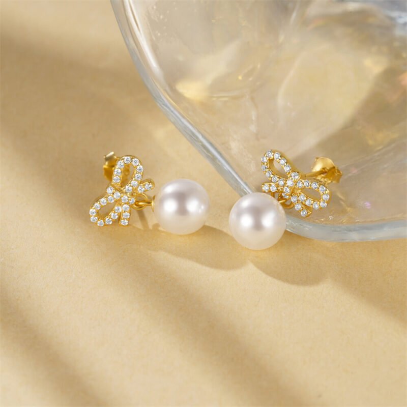 Gold Bow Earrings Pearl for Women with Zircon Geometric Design