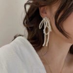 Long Tassel Pearl Handmade Bow Dangling Earrings