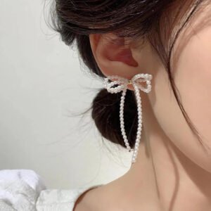 New Arrival Light Luxury Tassel Long Imitation Pearl Bow Earrings