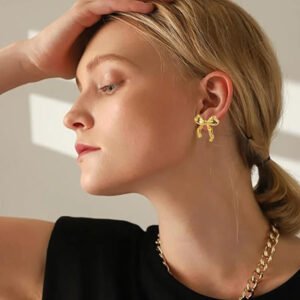 Stainless Steel Cute Gold Bow Earrings for Women